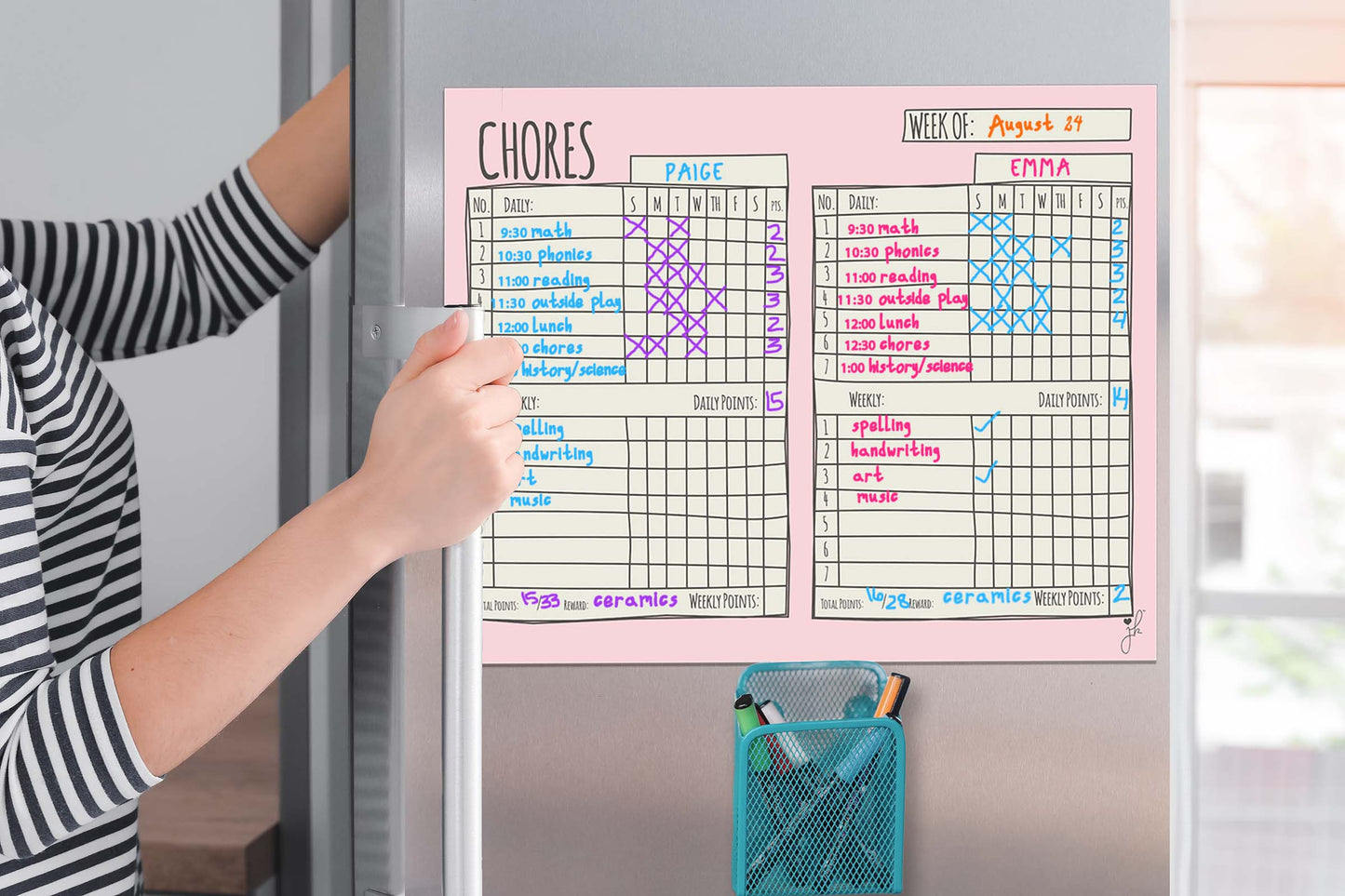 Magnetic Chore Chart for Multiple Kids - Sketch Design Pink