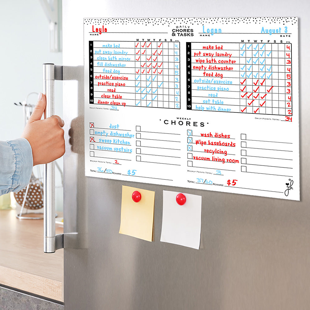 Magnetic Weekly Chores Chart chore board for Multiple Kids dry erase for fridge