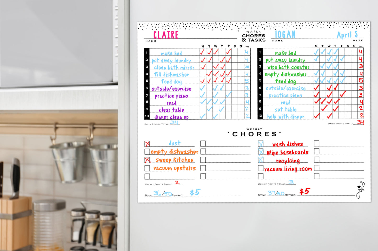 Magnetic Weekly Chore Chart for Multiple Kids - Mid Mod